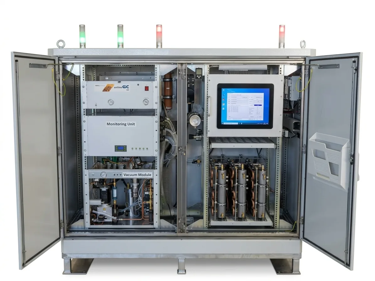 Geöffneter Online-DGA-Schrank mit Monitoring Unit, Gaschromatograph, Vakuum-Entgasungsmodul, Ölkreislauf-Paneel und Touchmonitor